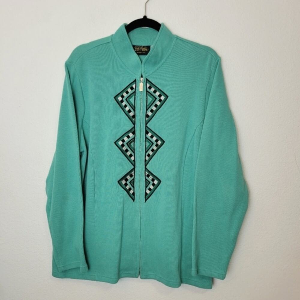 BOB MACKIE Blue Southwest Full Zip Cardigan Sweater Embroidered Boho Plus Sz 2X